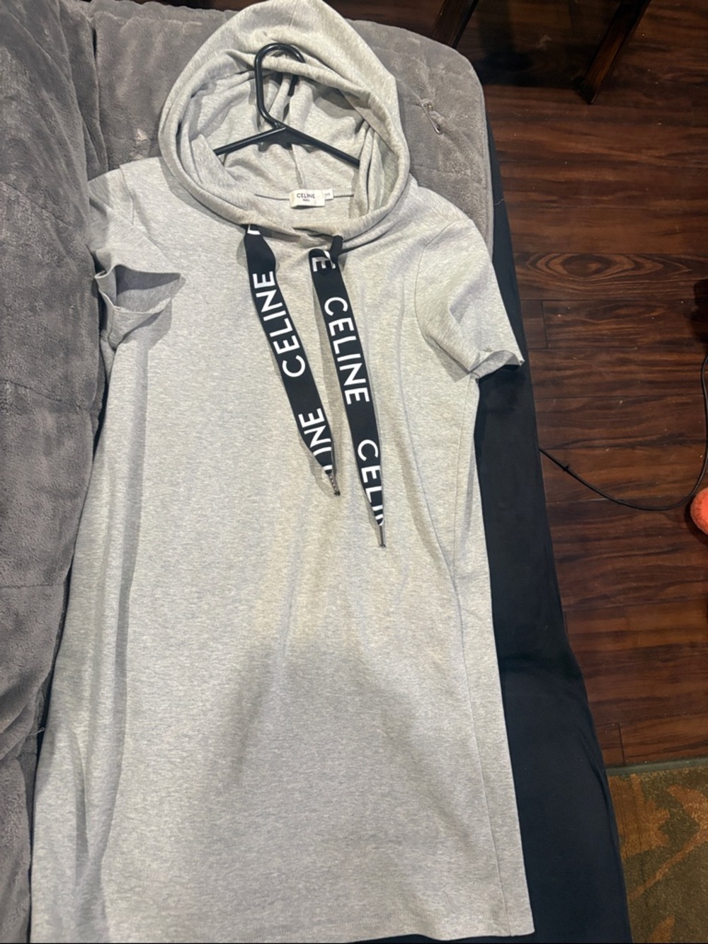 Celine Light Gray Hoodie Dress with Black Logo Drawstrings